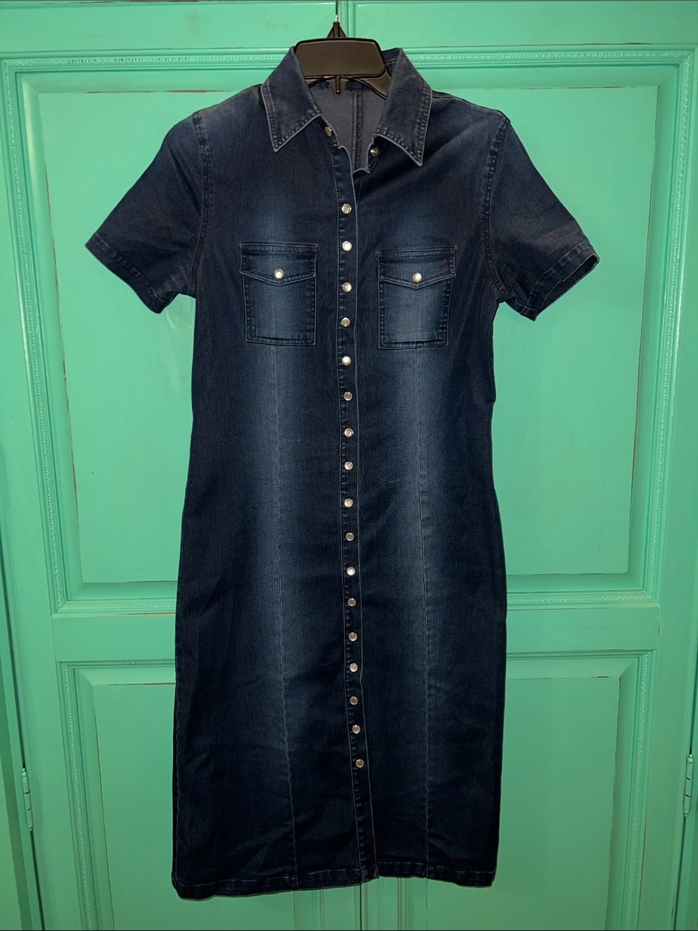 Dark Indigo Denim Shirt Dress with Snap Front